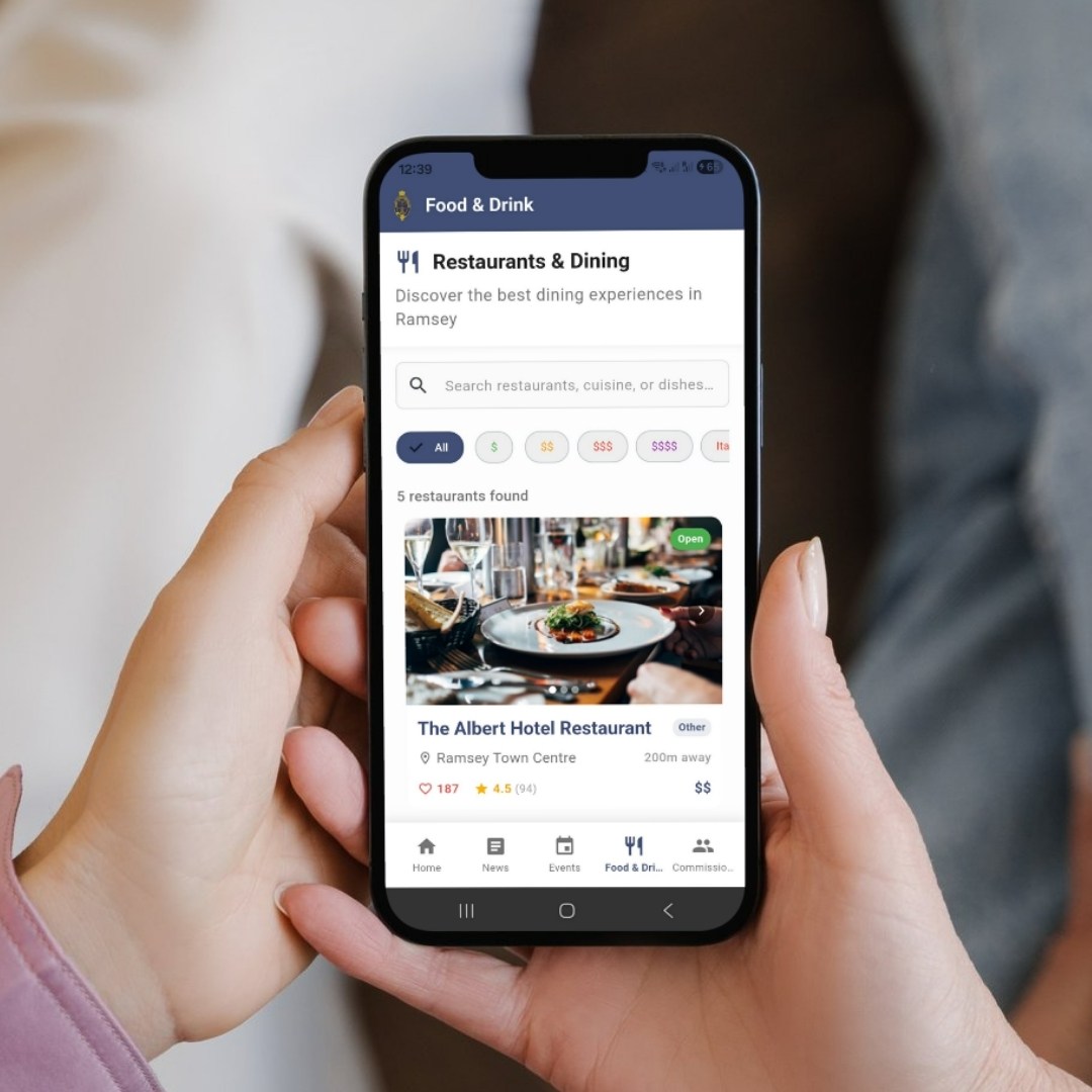 Restaurant search app showing The Albert Hotel Restaurant on smartphone